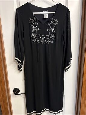Black Embroidered Midi Dress with White Trim by ombré